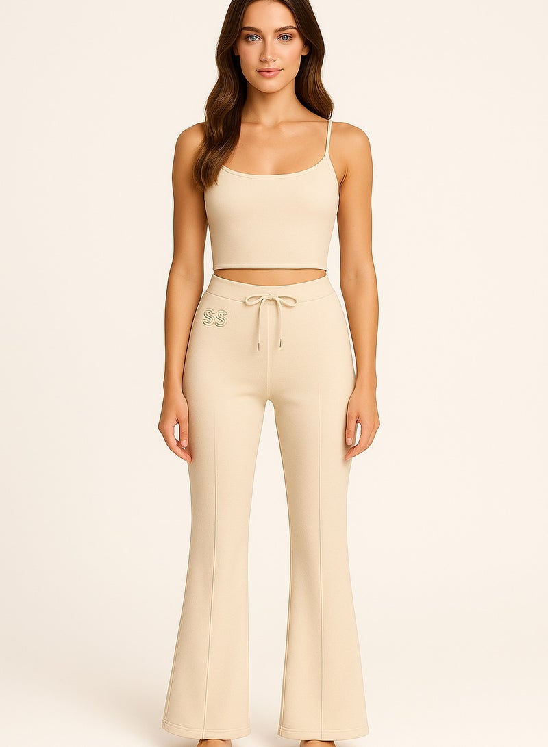 Soft Steps Women's Beige High-Waisted Flared Pants Soft Cotton Interlock | Elegant Fit with Drawstring  Size L - Image 2
