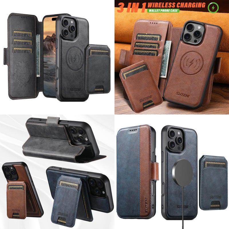 Suteni For Iphone 16 Plus Q07S2 3-In-1 Detachable Vertical Flip Wallet Magsafe Splicing Leather Phone Case(Black) - Image 5