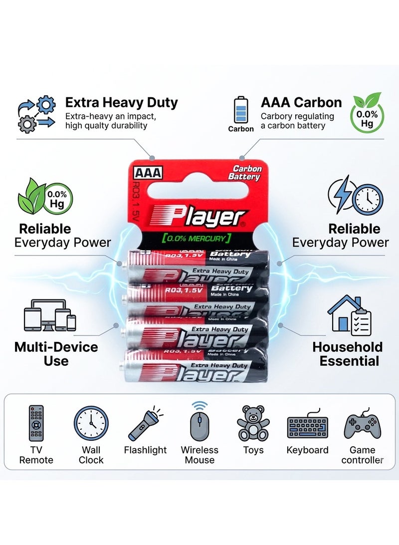 Player 48 Pieces AAA Extra Heavy Duty Carbon Batteries (12 Packs × 4 Batteries) - Image 3