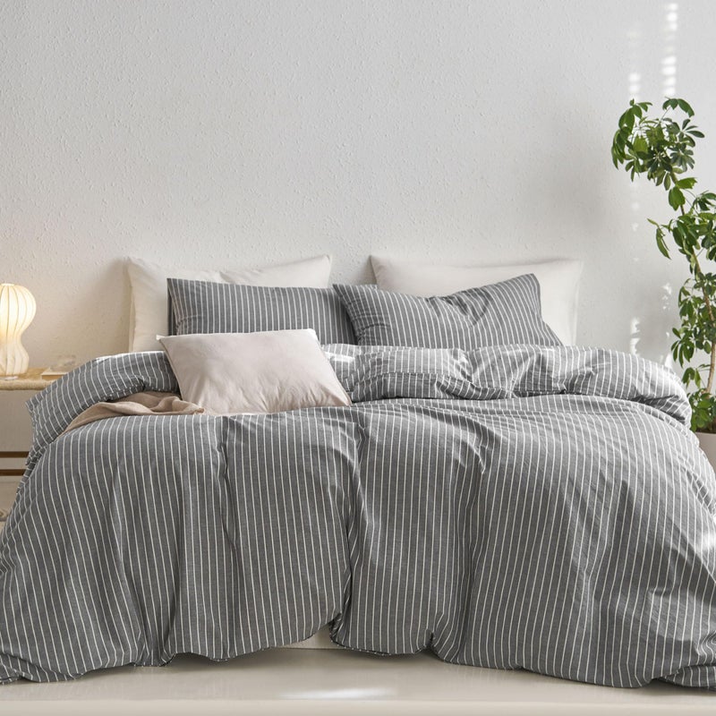 MooMee Striped Duvet Cover Set 100 Washed Cotton Linen Like Textured Breathable Durable Soft Comfy Dark Grey White Wide Stripes Queen 90x90