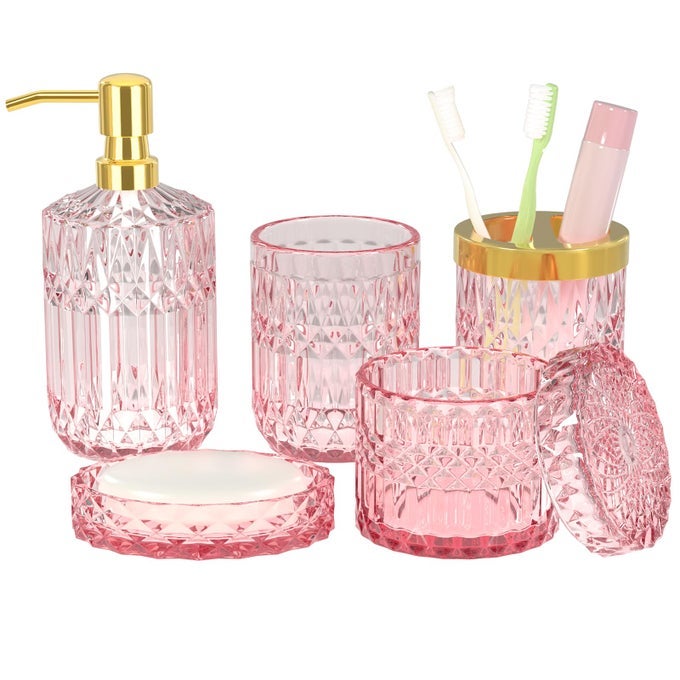 PINK BATHROOM ACCESSORIES SET 5PCS CLEAR GLASS PINK BATHROOM DECOR WITH LOTION SOAP DISPENSER SOAP DISH TUMBLER COTTON SWAB JAR TOOTHBRUSH HOLDER FOR BATHROOMS SET MODERN CRYSTAL VINTAGE GIFT