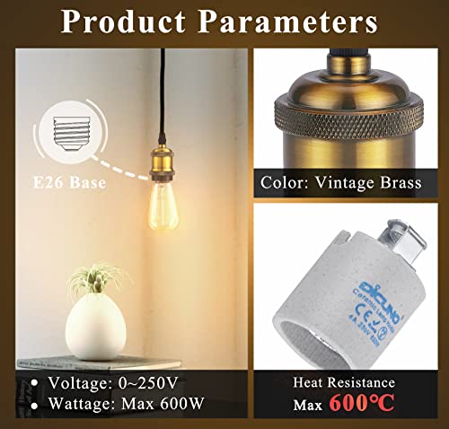 DiCUNO E26 Vintage Lamp Socket, Edison Pendant Light Socket Replacement, Antique Retro Hanging Lamp Holder for Industrial, Decorative, DIY Lighting, 600℃ Heat Resistant, 6 Packs (Vintage Brass Color) - Image 4