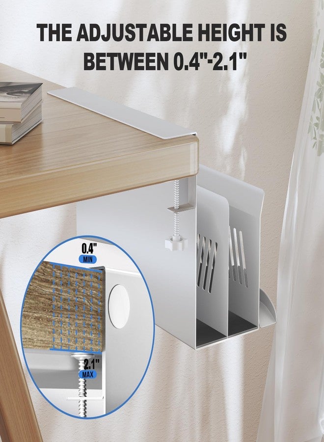 Litwaro Desk Side Storage Organizer, 2 Tier Under Desk Laptop Holder No Drill, Laptop Mount with Magnetic Pen Holder, Hanging Desk Organizer Fits Flat Edge Desks 0.4" to 2.1" (White) - Image 3