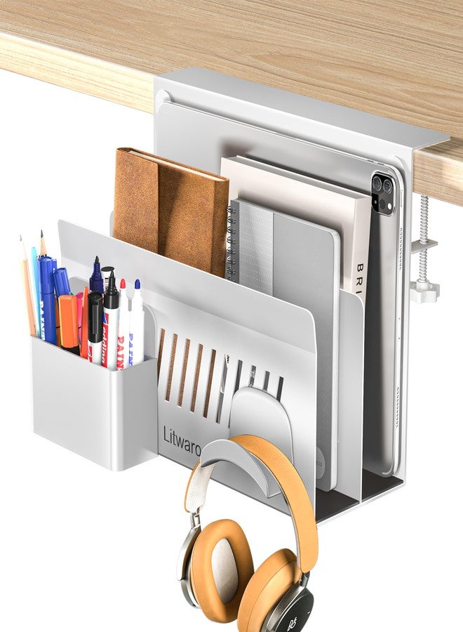 Litwaro Desk Side Storage Organizer, 2 Tier Under Desk Laptop Holder No Drill, Laptop Mount with Magnetic Pen Holder, Hanging Desk Organizer Fits Flat Edge Desks 0.4" to 2.1" (White) - Image 1
