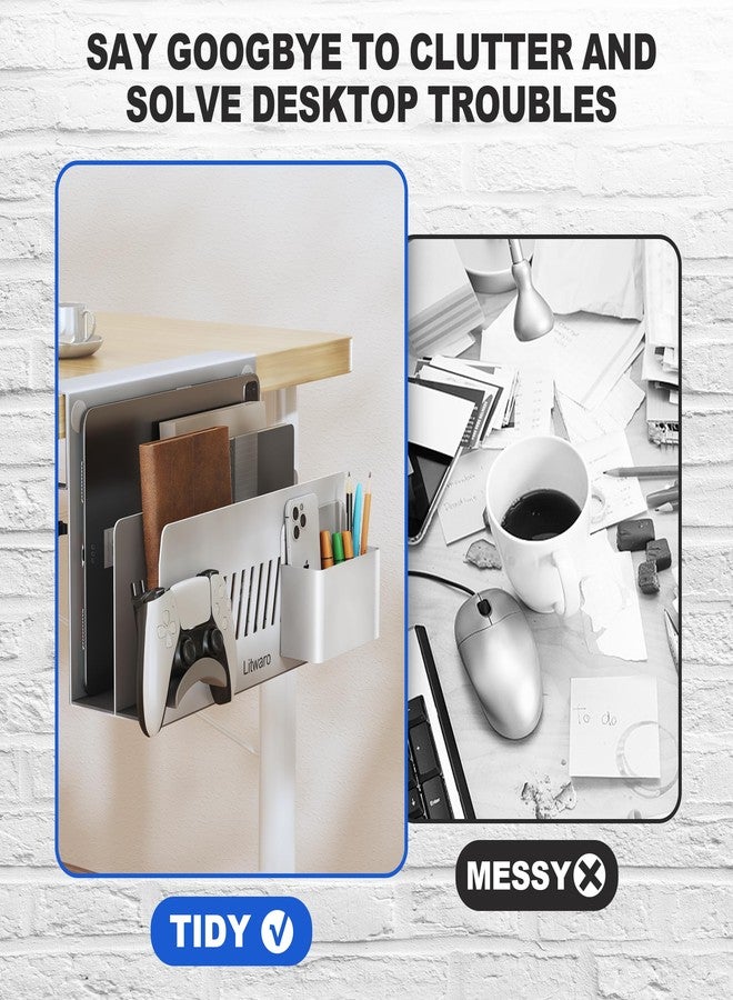 Litwaro Desk Side Storage Organizer, 2 Tier Under Desk Laptop Holder No Drill, Laptop Mount with Magnetic Pen Holder, Hanging Desk Organizer Fits Flat Edge Desks 0.4" to 2.1" (White) - Image 5