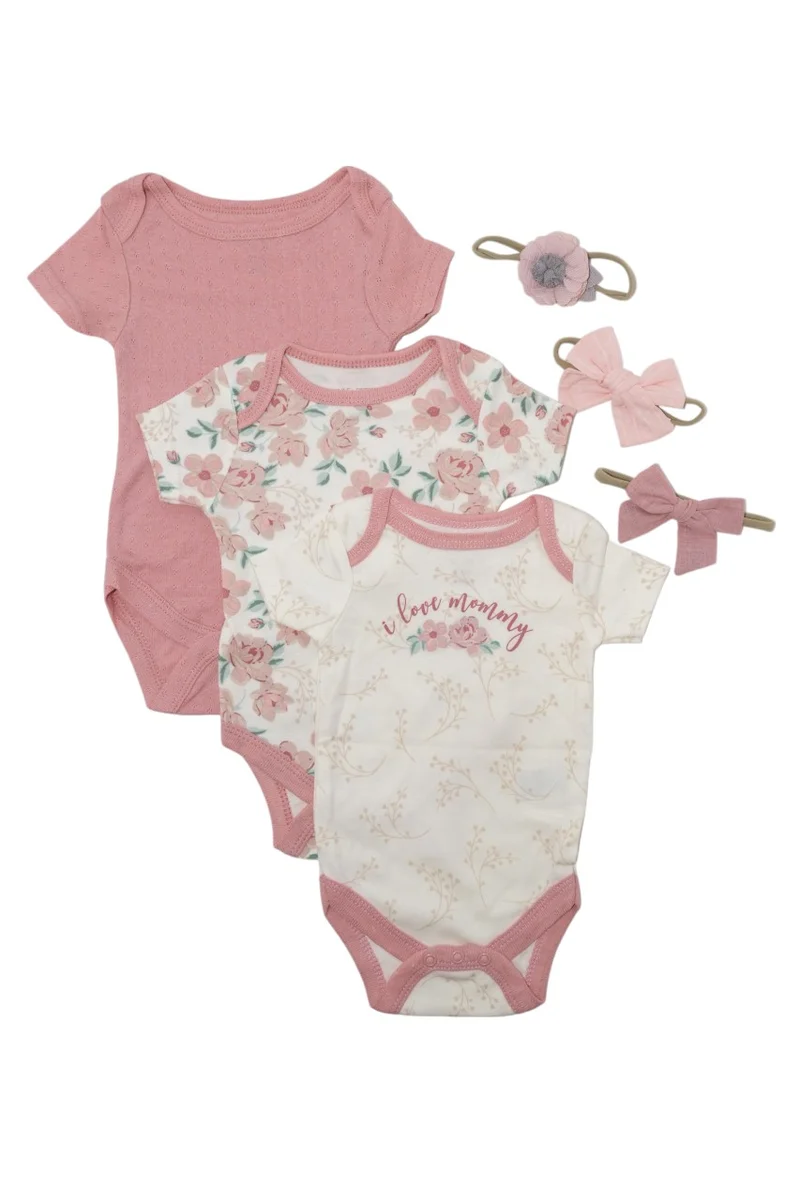 Bambimici Bambimici Floral Print Babysuit 3-Piece Set with Headbands