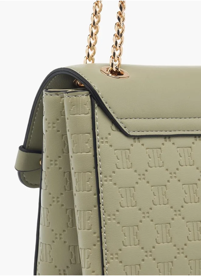 ELLE Womens Monogram Embossed Crossbody Bag With Chain Strap And Twist Lock Closure
