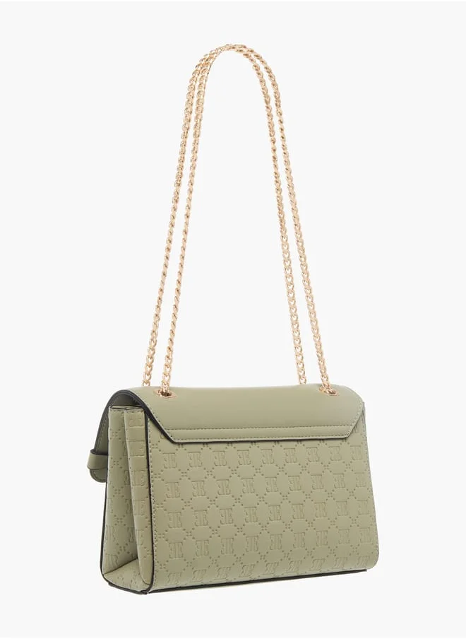 ELLE Womens Monogram Embossed Crossbody Bag With Chain Strap And Twist Lock Closure