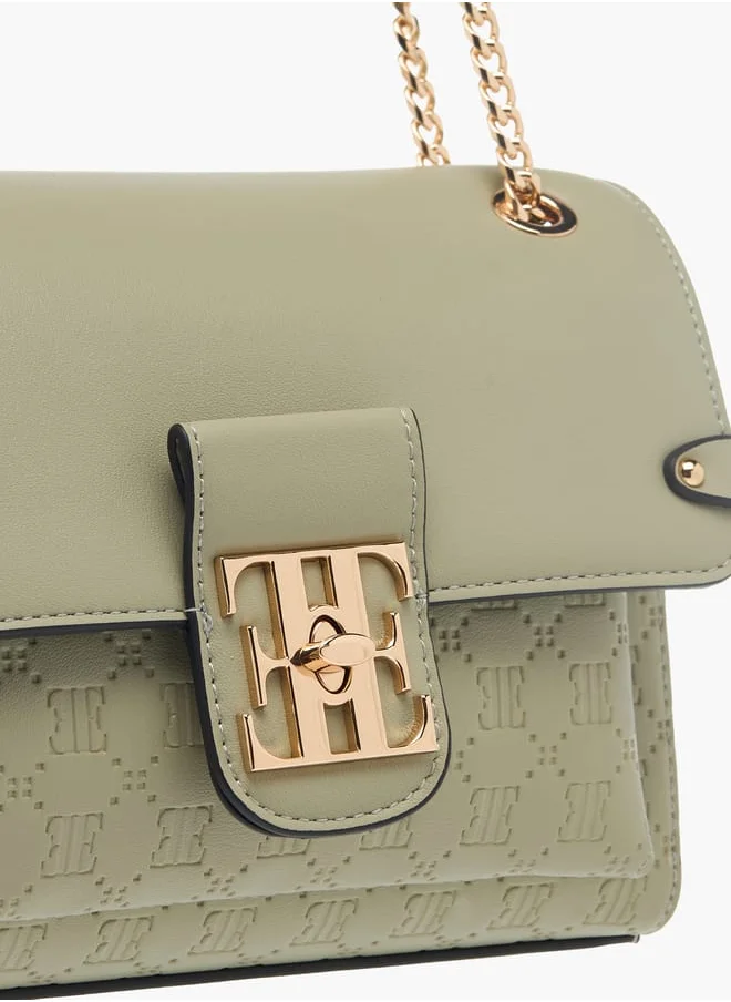 ELLE Womens Monogram Embossed Crossbody Bag With Chain Strap And Twist Lock Closure