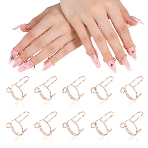 Tyqour 10Pcs Wudu Nail Rings with Nails Attached, Rose Gold Adjustable Metal Nail Rings for Women, Reusable Detachable Fingernail Rings, Perfect for Nail Art Set - Image 1