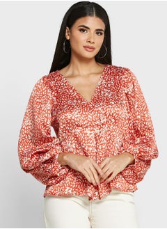 Pleat Detail V-Neck Printed Top