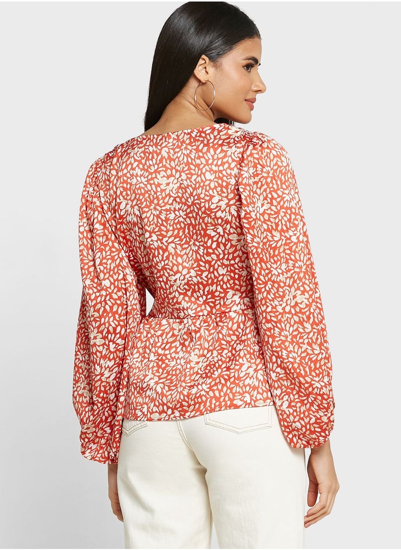 VERO MODA - Pleat Detail V-Neck Printed Top - Image 1