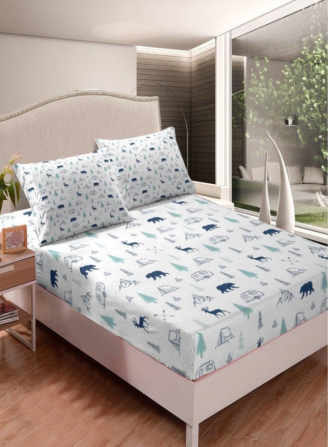 Castle Fairy Bear Deer Print Fitted Sheet Twin Size,Camping and Hunting Adventure Theme Bedding Set Pine Tree Mountain Pattern Bed Sheets,Kids Teens Men Wild Animals Plants Deep Pocket Sheet,Blue White 2Pcs - Image 2