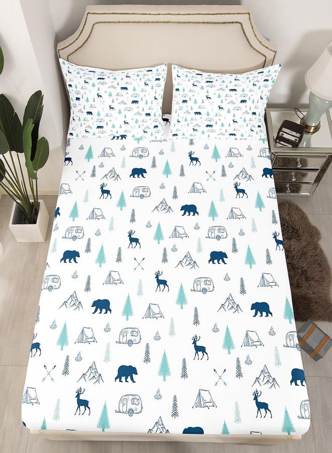 Castle Fairy Bear Deer Print Fitted Sheet Twin Size,Camping and Hunting Adventure Theme Bedding Set Pine Tree Mountain Pattern Bed Sheets,Kids Teens Men Wild Animals Plants Deep Pocket Sheet,Blue White 2Pcs - Image 1