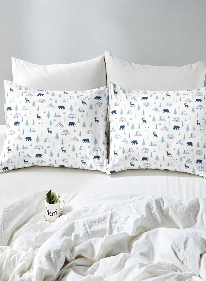 Castle Fairy Bear Deer Print Fitted Sheet Twin Size,Camping and Hunting Adventure Theme Bedding Set Pine Tree Mountain Pattern Bed Sheets,Kids Teens Men Wild Animals Plants Deep Pocket Sheet,Blue White 2Pcs - Image 5