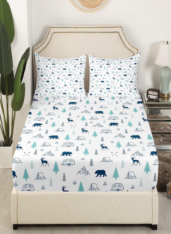 Castle Fairy Bear Deer Print Fitted Sheet Twin Size,Camping and Hunting Adventure Theme Bedding Set Pine Tree Mountain Pattern Bed Sheets,Kids Teens Men Wild Animals Plants Deep Pocket Sheet,Blue White 2Pcs - Image 3