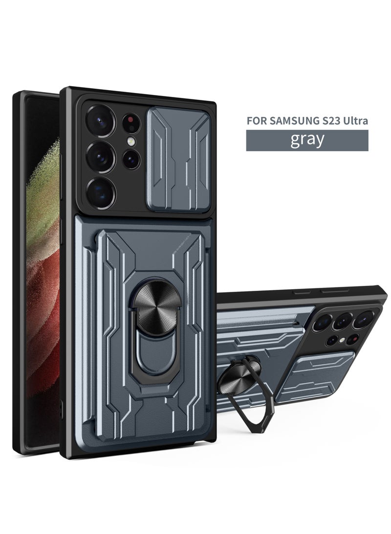 Samsung Galaxy S23 Ultra Mobile Phone Case Cover with Card Holder, Slide Camera Lens Cover, 360°Rotating Kickstand Ring, Bumper Shockproof Phone Case 