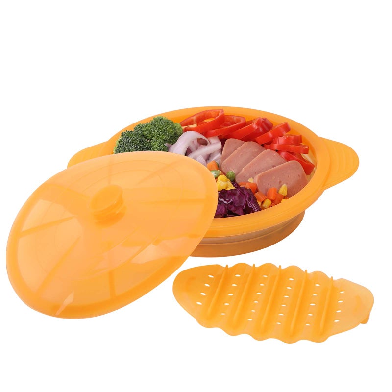 Microwave Steamer Cooker Collapsible BowlSilicone Steamer Cookware with Handle Lid for Vegetables Fish Prep Meal Food with Removable Rack BPA Free Easy to Store Freezer  Dishwasher Safe Orange