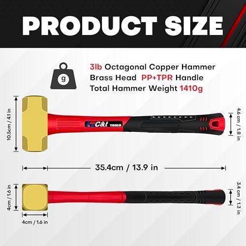 ct C&T 3lb Brass Sledge Hammer,Non-Sparking,Comfortable Fiberglass Handle,3-Pounds,Non-Magnetic,Corrosion Resistant - Image 2