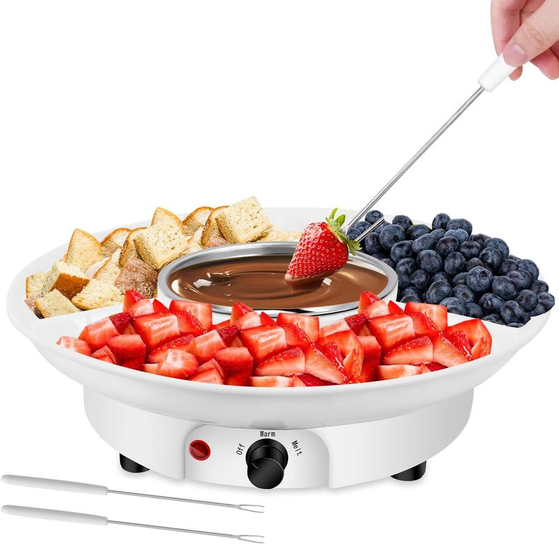 LENND Electric Fondue Pot Set, Chocolate Cheese Fondue Set, Hot Chocolate Machine, Fondue Maker, Detachable Serving Trays with 2 Roasting Forks, Aluminum Pot for Candy,Ice Cream, Kitchen Appliances - Image 1