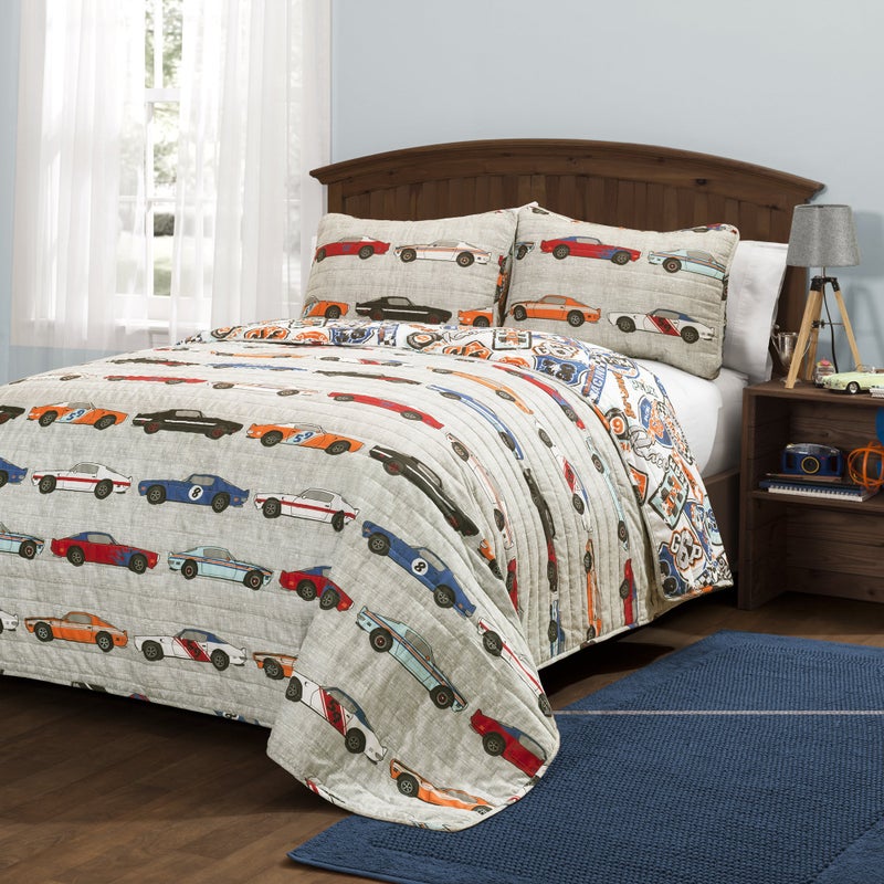 Lush Decor Race Car Kids 3Piece Quilt Bed Set Reversible Bedding Set for Boys Blue  Orange FullQueen