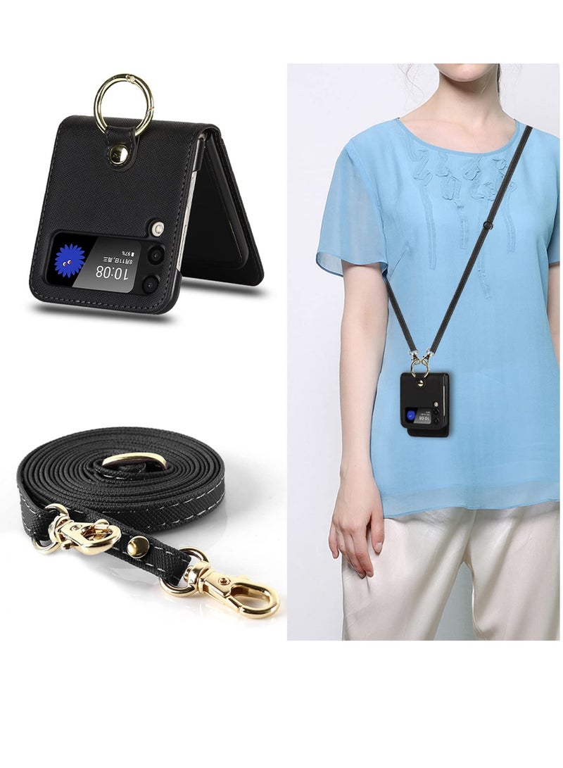 SYOSI Case for Galaxy Z Flip 3 5G, Compatible with Samsung Z Flip 3(2021) Leather Wallet Case, Adjustable Crossbody Lanyard Durable Card Slots Ultra Slim Luxury Cover for Samsung Galaxy Z Flip 3 (Black) - Image 2