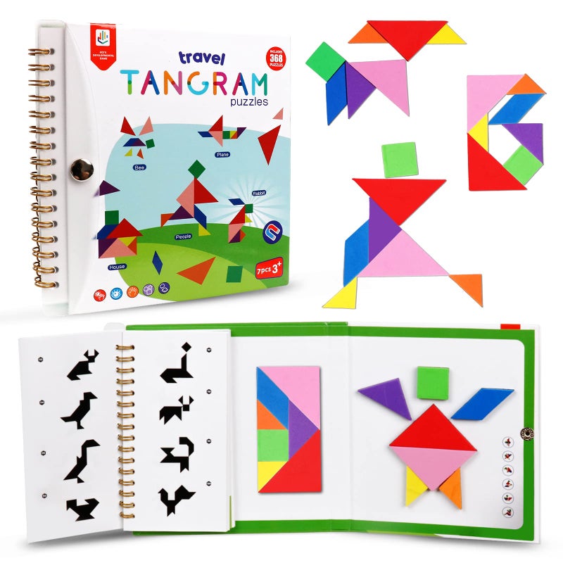 kizh Travel Tangram Puzzle Magnetic Puzzle Book Game Road Trip Game Jigsaw Shapes Dissection STEM Games with Solution IQ Educational Toy for Kid Adult Challenge Brain Teasers 368 Patterns(2Pcs Tangrams) - Image 1