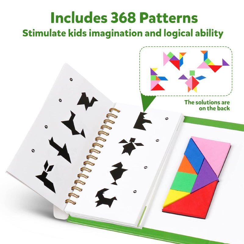 kizh Travel Tangram Puzzle Magnetic Puzzle Book Game Road Trip Game Jigsaw Shapes Dissection STEM Games with Solution IQ Educational Toy for Kid Adult Challenge Brain Teasers 368 Patterns(2Pcs Tangrams) - Image 4