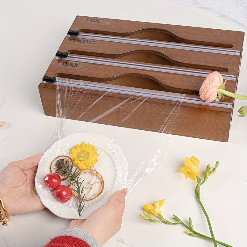 1pc bamboo cling film three grid cutter, kitchen countertop wall mounted multifunctional storage box, for roll foil, cling film, plastic packaging, foil organizer, aluminum foil wax, parchment paper, wax paper, natural colors, black, white, brown, Storage Bins for Home Organization - Image 3
