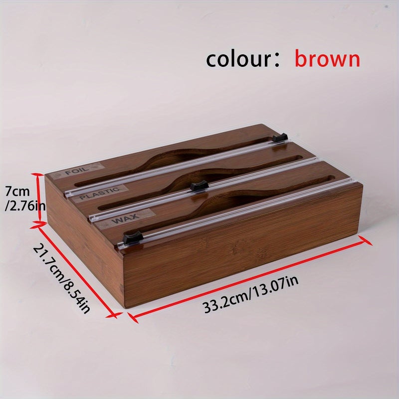 1pc bamboo cling film three grid cutter, kitchen countertop wall mounted multifunctional storage box, for roll foil, cling film, plastic packaging, foil organizer, aluminum foil wax, parchment paper, wax paper, natural colors, black, white, brown, Storage Bins for Home Organization - Image 1