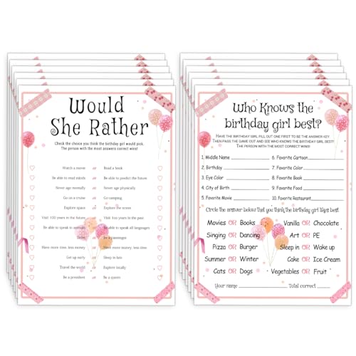 ALodr 20 Pcs Who Knows the Birthday Girl Best, Would She Rather Games for Girl Birthday Party, Funny Birthday Party Games, Double Sided, 5x7 Inches - Image 1