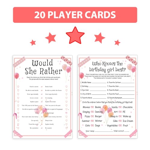 ALodr 20 Pcs Who Knows the Birthday Girl Best, Would She Rather Games for Girl Birthday Party, Funny Birthday Party Games, Double Sided, 5x7 Inches - Image 3