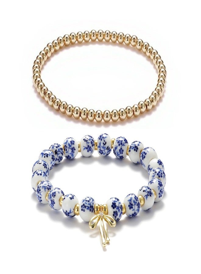 Agromusk Beads Bow Charm Bracelet for Women Flower Vintage Bracelet Handmade Stretch Gold Beaded Dainty Romantic Jewelry Gift, Medium, Ceramic, Cubic Zirconia - Image 1