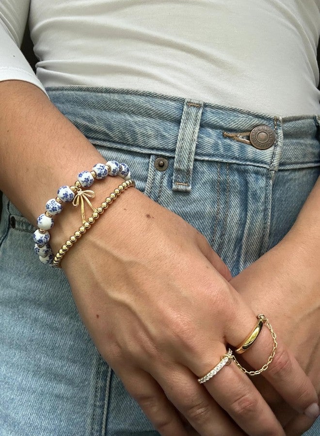 Agromusk Beads Bow Charm Bracelet for Women Flower Vintage Bracelet Handmade Stretch Gold Beaded Dainty Romantic Jewelry Gift, Medium, Ceramic, Cubic Zirconia - Image 2