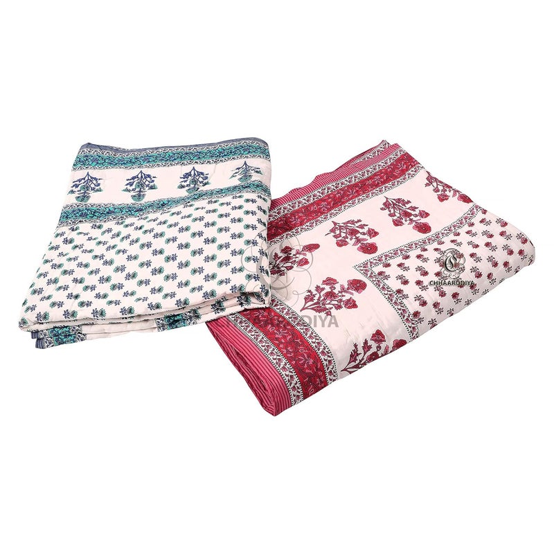 WORLDNEX 400 TC Jaipuri Light Weight Pure Cotton Traditional Rajasthani Print Single Bed QuiltRazaiRajai Multicolor Butti Print Single Bed Set of 2 - Image 2