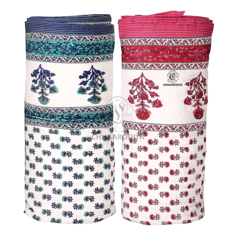WORLDNEX 400 TC Jaipuri Light Weight Pure Cotton Traditional Rajasthani Print Single Bed QuiltRazaiRajai Multicolor Butti Print Single Bed Set of 2 - Image 1