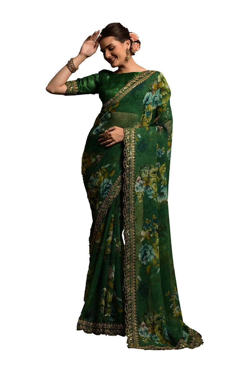 Dwiza Enterprise Georgette Floral Print Embroidered Sequin Cut Work Lace Saree For Women With Unstitched Blouse Piece (Green) - Image 1