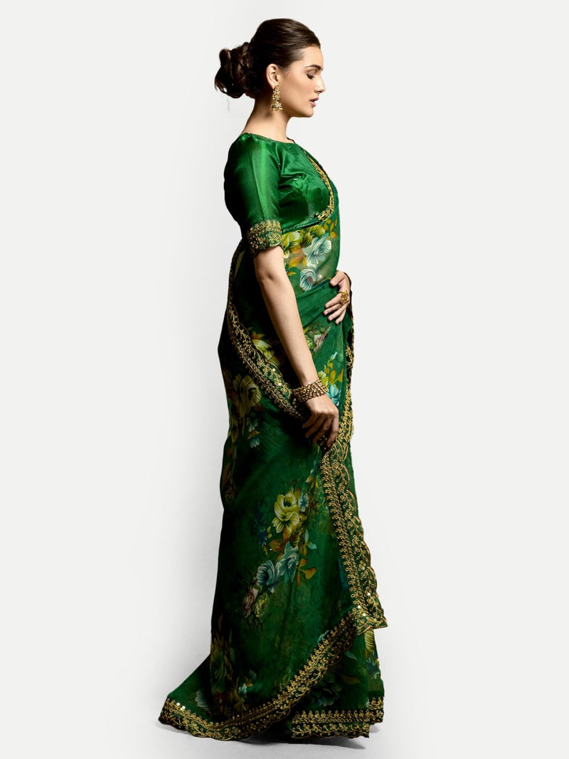 Dwiza Enterprise Georgette Floral Print Embroidered Sequin Cut Work Lace Saree For Women With Unstitched Blouse Piece (Green) - Image 4