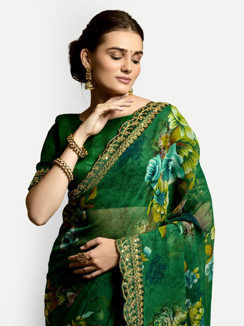 Dwiza Enterprise Georgette Floral Print Embroidered Sequin Cut Work Lace Saree For Women With Unstitched Blouse Piece (Green) - Image 5