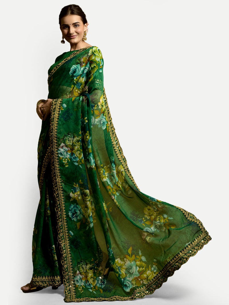 Dwiza Enterprise Georgette Floral Print Embroidered Sequin Cut Work Lace Saree For Women With Unstitched Blouse Piece (Green) - Image 2