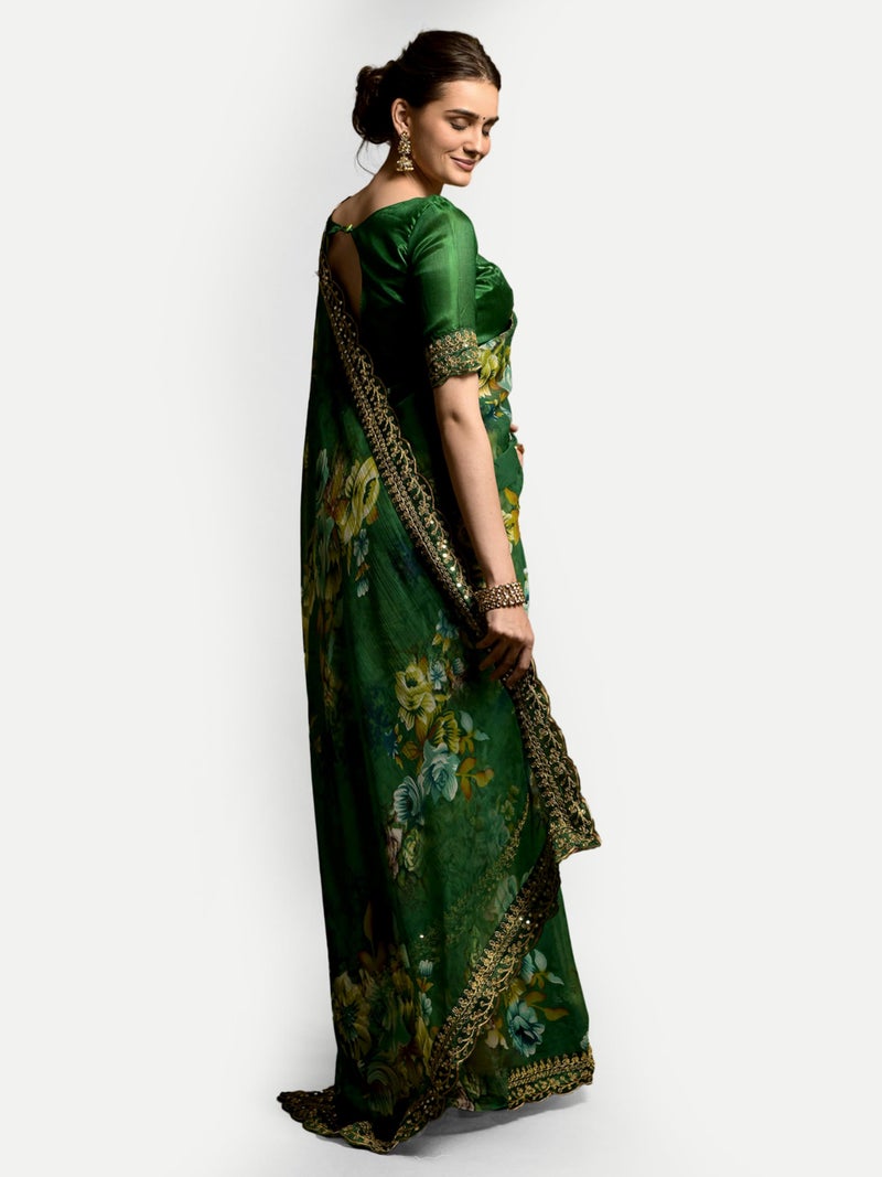Dwiza Enterprise Georgette Floral Print Embroidered Sequin Cut Work Lace Saree For Women With Unstitched Blouse Piece (Green) - Image 3