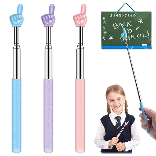 Dumero Retractable Teacher Pointer for Classroom Kids Reading, Dumero Extendable Finger Pointer Stick for School, Collapsible Finger Pointing Stick, Long Telescoping Hand Pointer, -3 Pack: Blue, Pink, Purple - Image 1