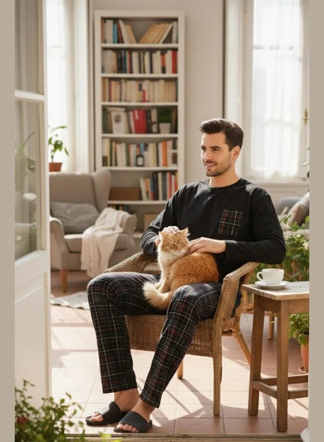 بوراتي طقم بيجامة رجالي قطن % بخصر مطاطي وجيوب بنقشة مربعات من بوراتي