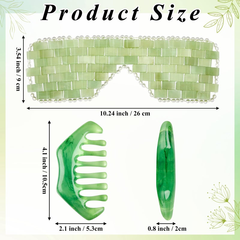 Hercicy 4 Pcs Jade Eye Mask and Hair Comb Set Green Jade Stone Eye Mask White Facial Cooling Set Guasha Scalp Comb Facial Massage Tool for Relax Alleviate Puffiness Esthetician Supplies - Image 2
