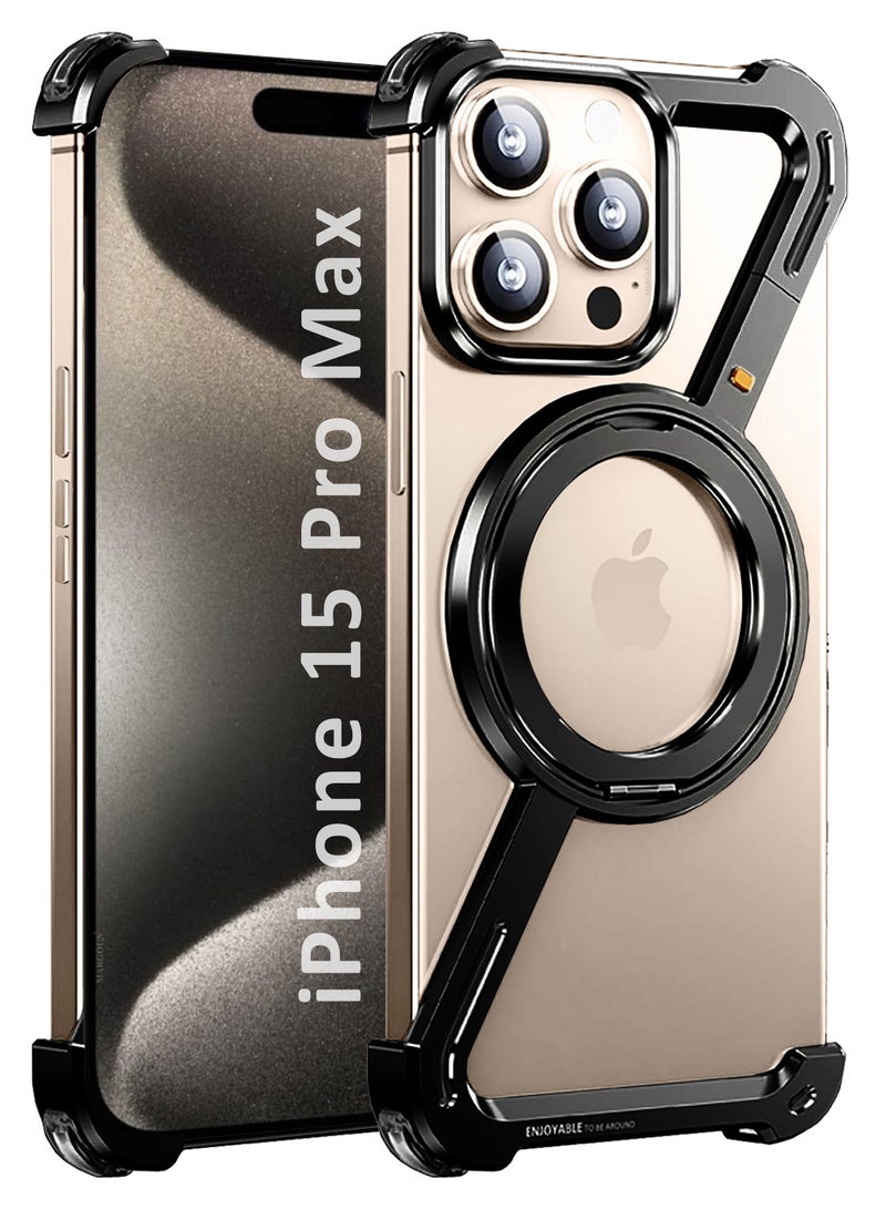 CATANES (For Apple iPhone 15 Pro Max) Z-Shaped MagSafe Case with Metal Stand and 360° Rotation Metal Case Cover - Black - Image 1