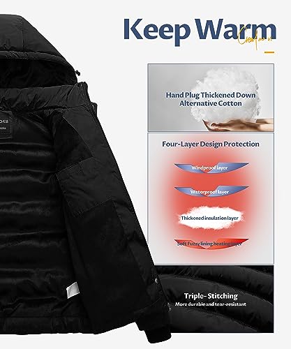 CREATMO US Women's Essentials Teen Lightweight Short Winter Hooded Coat Waterproof Warm Puffer Jacket Parka Black L - Image 4