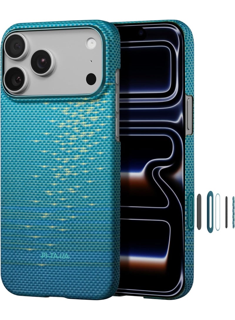 PITAKA حافظة بيتاكا لجهاز آيفون 17 برو 6.3" مع زر التحكم في الكاميرا، متوافقة مع ماغسيف، حافظة رفيعة للغاية مع شعور باللمس بدون حافظة، ألياف أراميد 1500D مع لمسات من الذهب - أزرق شفاف - Image 1