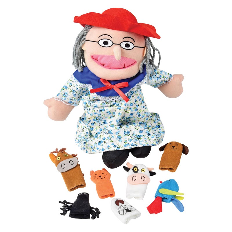 Constructive Playthings Plush Old Lady Doll and Animal Finger Puppet Props Set for There Was An Old Lady Who Live Swallowed a Fly Childrens Book For Kids Ages 3 - Image 3