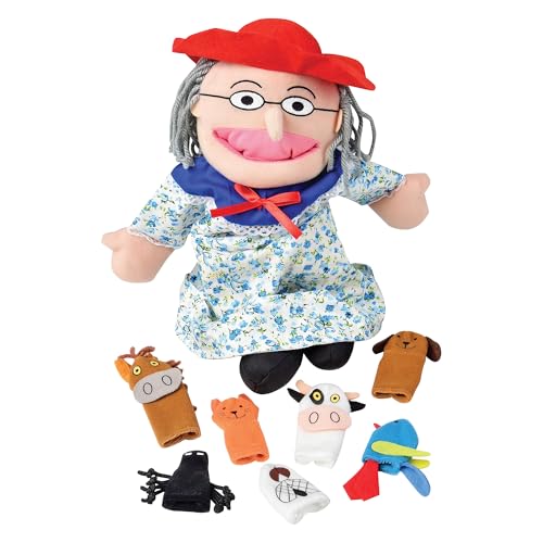 Constructive Playthings Plush Old Lady Doll and Animal Finger Puppet Props Set for There Was An Old Lady Who Live Swallowed a Fly Childrens Book For Kids Ages 3 - Image 1