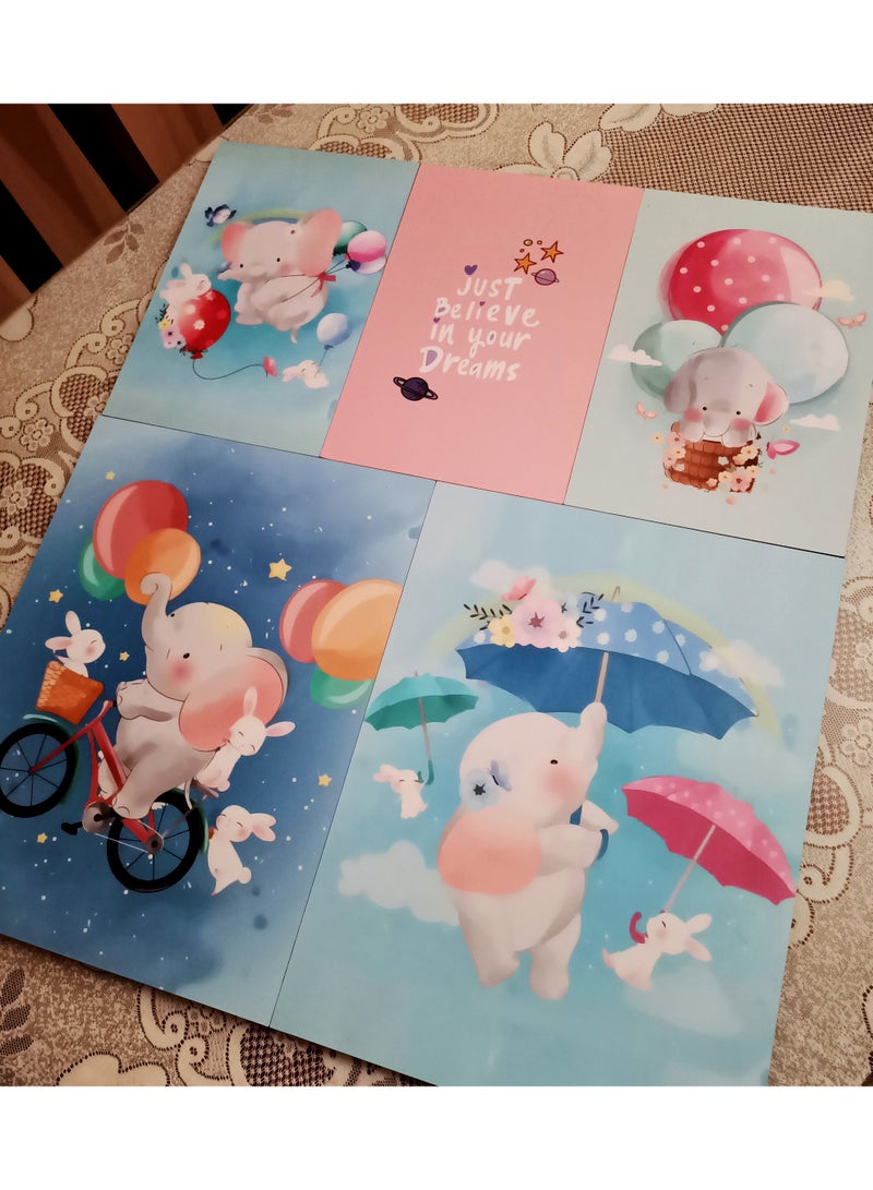 تابلوة اطفال 5 قطع 60cm x80 cm بسمك 10 مم بطباعة ديجيتال عالية الجودة -طبقة uv للحماية ضد الخدوش والأتربه - الفيل اللطيف  - Image 1